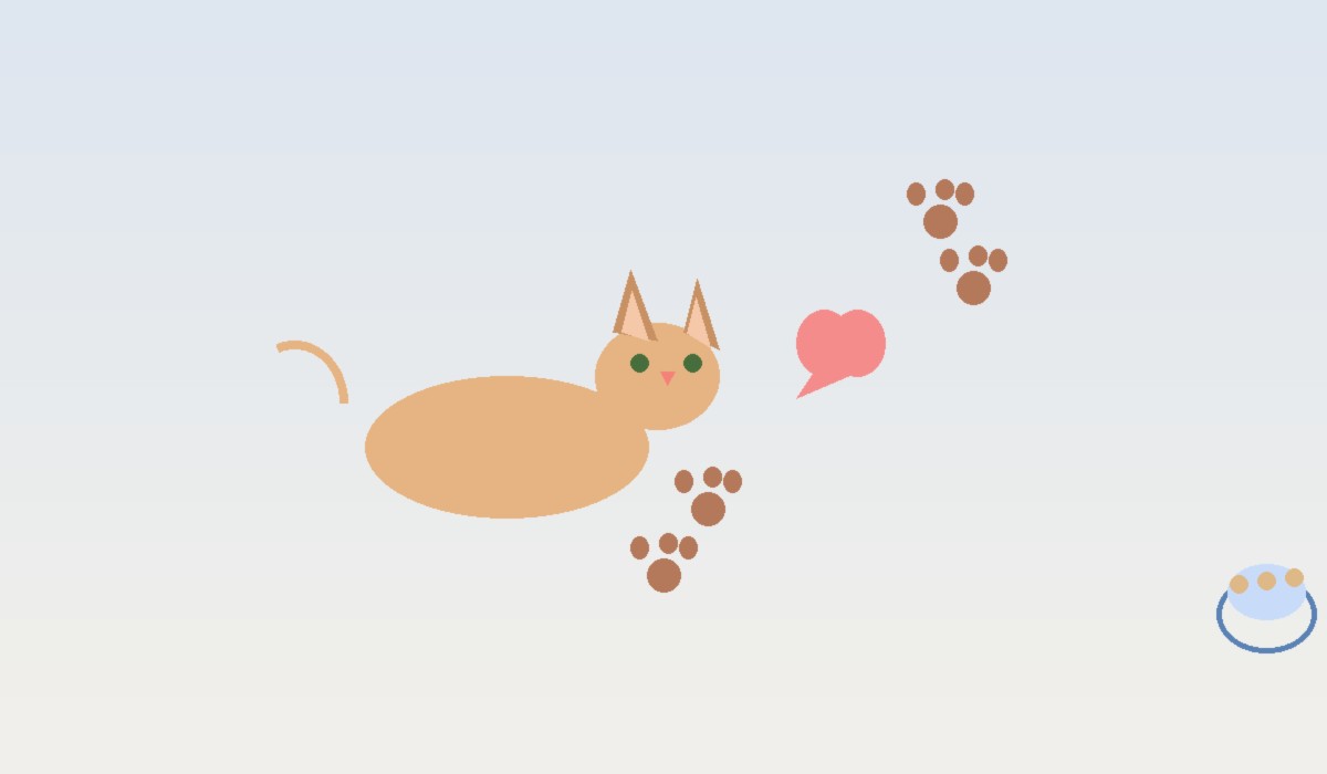 Relaxed ginger cat being cared for on a soft light background with a red heart, scattered paw prints and a feeding bowl nearby